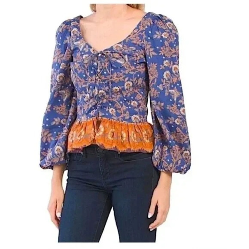 House of Harlow 1960 Blue and Orange Floral Peplum Blouse